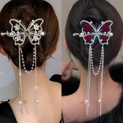 Elegant Red Rose Butterfly Tassel Hair Grip Clip